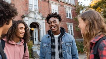Diverse Group of Happy Students Chatting on College Campus photo