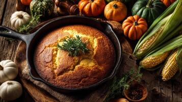 Golden Cornbread in Cast Iron Skillet with Pumpkins and Corn photo