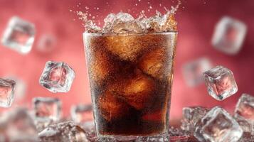 Brown Cola Drink with Ice Cubes Splashing on Red Background photo