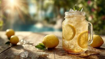 Refreshing Lemonade in Mason Jar on Sunny Wooden Table photo