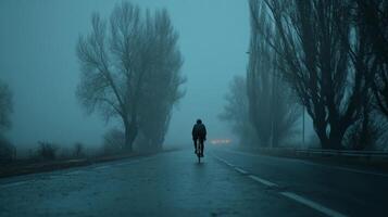 Cyclist Riding on Foggy Road at Dusk photo