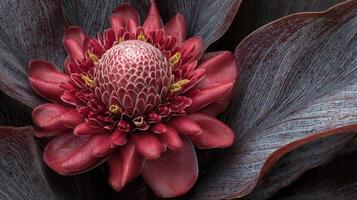 Close-Up of a Red Flower with Dark Leaves photo