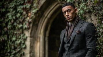 Portrait of a Man in a Dark Suit Near an Ivy Covered Archway photo