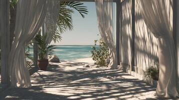 Pathway to Tropical Beach Through White Curtains photo