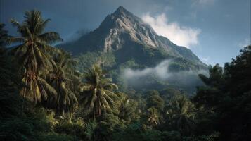 Lush Tropical Mountain Peak with Fog and Palm Trees photo