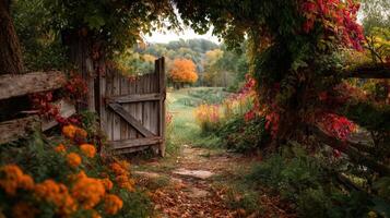 Rustic Wooden Gate in Autumnal Garden photo