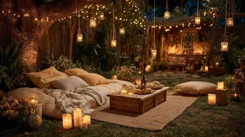 Romantic Backyard Picnic at Night with Warm Lighting photo