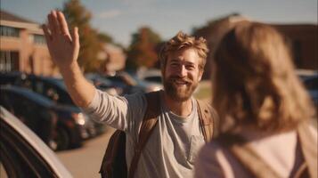 Man and Woman Greeting on a Sunny Campus photo