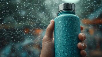 Hand Holding Teal Water Bottle in the Rain photo