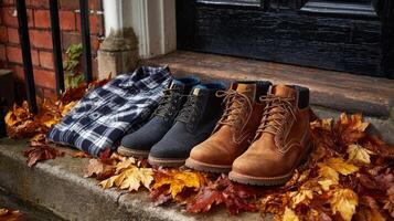 Autumn Fashion Boots, Sweater and Fall Leaves on Steps photo