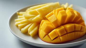 Cubed Mango and Pineapple Slices on a Plate photo