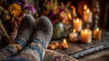 Warm Fuzzy Socks by Fireplace with Candles photo