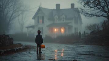 Child with Pumpkin Approaches Foggy House at Night photo
