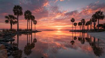Vibrant Sunset Over Calm Water With Palm Tree Reflections photo