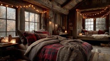 Cozy Rustic Cabin Bedroom with Snow and String Lights photo