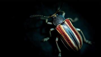 A vibrant beetle with colorful stripes crawls on a dark surface, showcasing its intricate patterns. photo