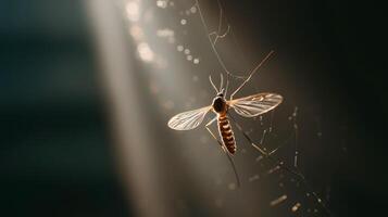 A mosquito is trapped in a spider web, illuminated by gentle sunlight in the late afternoon. photo