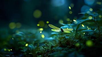 A glowing firefly sits on green leaves, creating a magical twilight ambiance in the forest. photo