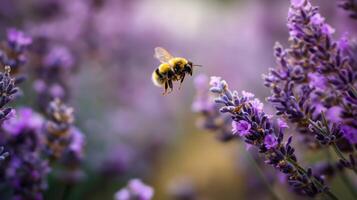 A bee collects nectar while flying near blooming lavender in a colorful garden setting. photo