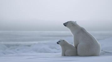 Mother and cub polar bears observe the icy shoreline under a soft twilight sky. photo