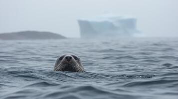A curious seal emerges from the water, surrounded by fog and distant icebergs in the Arctic. photo
