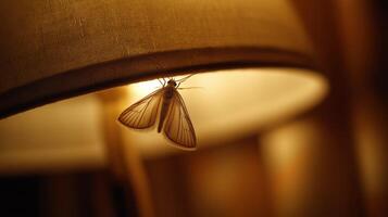 A moth is perched quietly on a lamp shade, illuminated by soft warm light during the night. photo