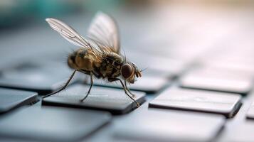 A fly crawls across a keyboard, highlighting details of its body and the tech environment. photo