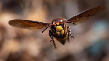 A hornet is captured in flight, revealing intricate patterns against a blurred backdrop. photo