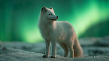 A white arctic fox poses on shimmering ice while vibrant northern lights glow in the background. photo