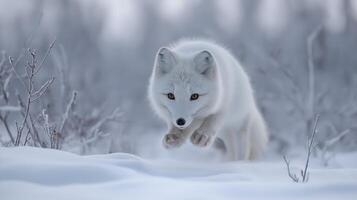 An arctic fox is captured mid-leap while traversing a snow-covered terrain during winter. photo