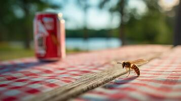 A bee lands on a wooden picnic table close to a soda can, with a serene lake in the background. photo