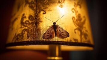 A moth clings to a beautifully patterned lamp shade, illuminated softly in a warm indoor space. photo