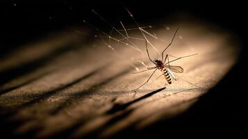 A mosquito is ensnared in a delicate spider web, illuminated by soft light in a shadowy setting. photo