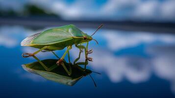 A vibrant green insect walks on a shiny surface, reflecting the beautiful blue sky and clouds above. photo