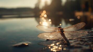 A dragonfly sits still on the water's surface, basking in the gentle glow of the setting sun. photo