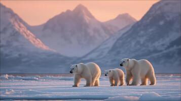 Three polar bears stroll on icy terrain as the sun sets, creating a serene Arctic scene. photo