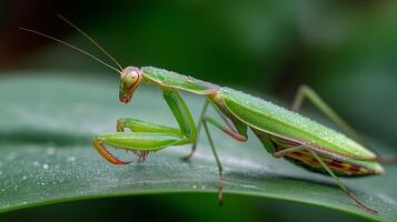 A green praying mantis is resting on a dew-covered leaf in a lush garden during morning hours. photo