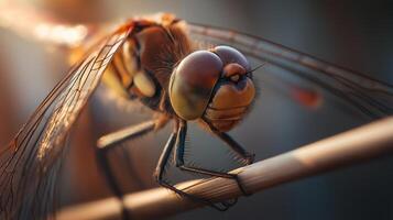 A dragonfly rests on a slender branch as soft golden light illuminates its body and wings. photo