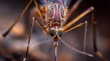 A mosquito rests on a surface, revealing its colorful stripes and fine features in vivid detail. photo