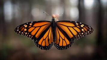 Colorful monarch butterfly showcases its striking patterns while resting in a forest environment. photo