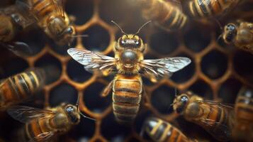 Honeybees work in their hive, caring for the honeycomb and supporting the colony. photo