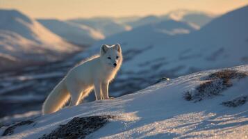 An arctic fox poses on a snowy ridge, surrounded by mountains in soft evening light. photo