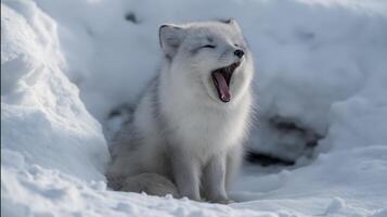 An arctic fox sits in the snow, yawning and enjoying the cold winter day in its natural habitat. photo