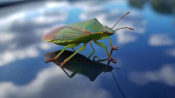 A colorful green insect crawls on a shiny surface, reflecting the beautiful sky and clouds above. photo