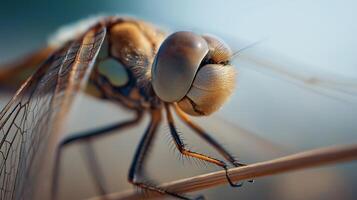 A dragonfly rests on a twig, showcasing its intricate features under gentle sunlight. photo