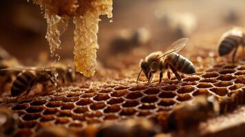 Honey bees diligently work within their hive, gathering nectar and creating sweet honey. photo