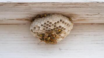 Yellowjackets build a nest while flying around the structure on a sunny day. photo