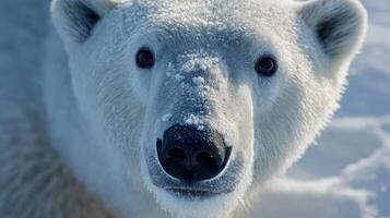 A polar bear gazes directly at the camera with snow on its fur in a winter environment. photo