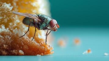 Close-up of a vibrant fly exploring sugary crust, showcasing details of its body and texture. photo