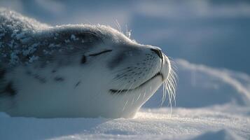 A seal enjoys a tranquil moment while resting on a snowy surface under gentle winter light. photo